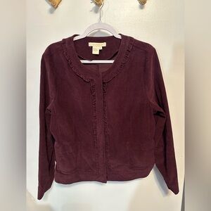 Sandro Paris Corduroy Ruffle Jacket Burgundy Snap Front 100% Cotton XL Y2K